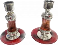 Candelesticks for Shabbat candles made of red glass and plated with 925 silver