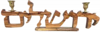 Candlesticks made of olive wood, with a picture of the inscription Jerusalem in Hebrew