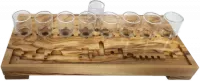 Hanukkah made of olive wood with engraving of the walls of Jerusalem and glass cups, handmade