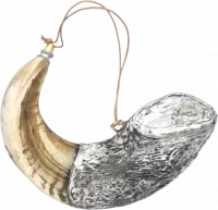 Shofar ram for anointing oil, silver and gold plated, with a pattern of the walls of Jerusalem, handmade_1