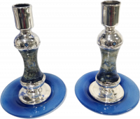 Candelesticks for Shabbat candles made of blue glass and plated with 925 silver
