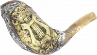 Shofar ram, silver and gold plated, with pattern of the city of David, the symbol of the city of David, the harp of David