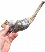 Shofar ram, silver and gold plated, patterned after the Ark of the Covenant, handmade